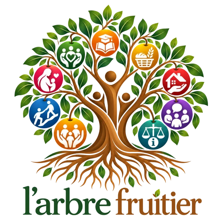 Logo de L’Arbre Fruitier : un arbre aux racines profondes portant neuf fruits colorés, chacun illustrant une mission de l’association.